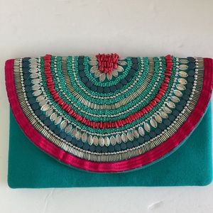 Sfera Femme Collection Teal Ornately Beaded Clutch Purse with Chain Strap